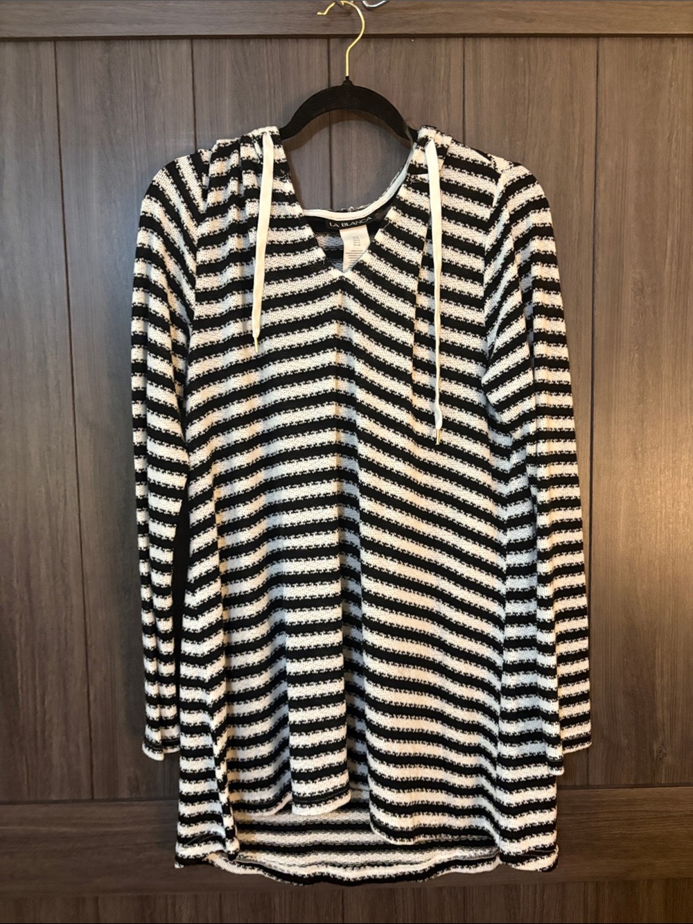 LA BLANCA Striped Black & White Hooded Women's swim cover up